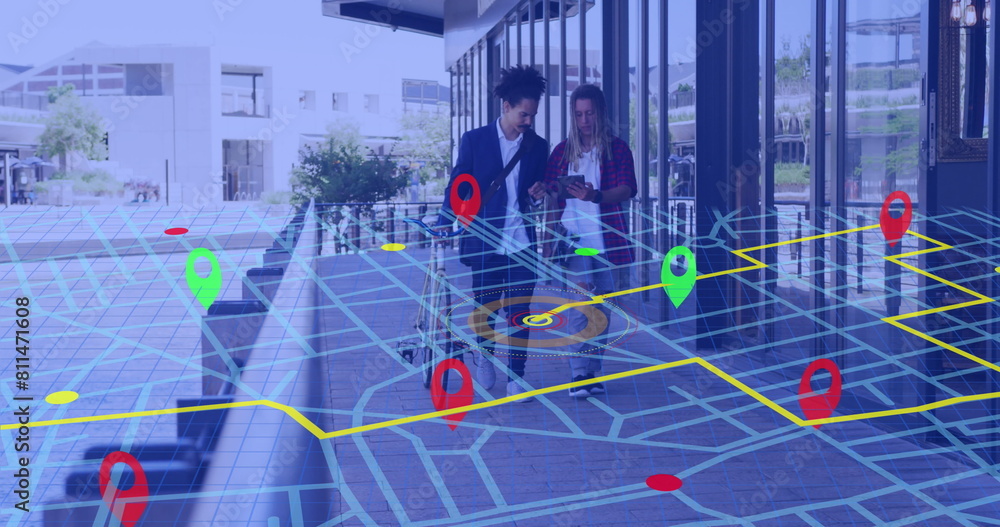 Obraz premium Image of city map over diverse people walking with bike