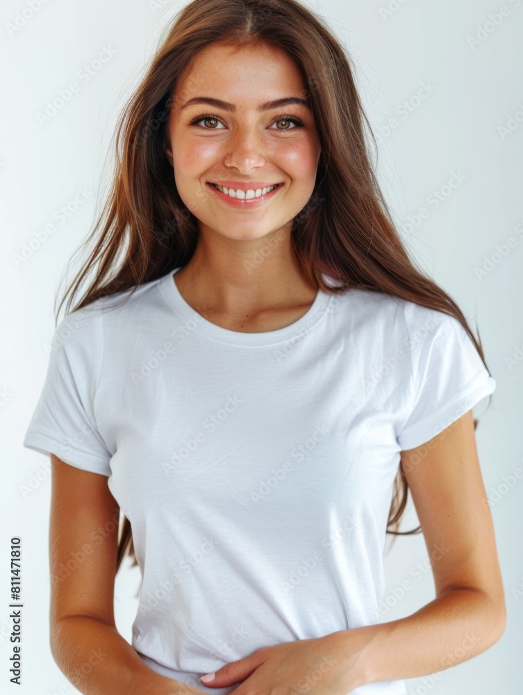 Woman wearing white tshirt mockup created with generative AI Woman wearing white tshirt mockup created with generative AI