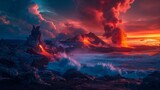 A captivating image of the Alitli-Hr??tur volcano erupting at dusk, with fiery lava fountains lighting up the horizon, painting the sky in vibrant shades of orange and red