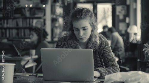 a woman sitting at a table with a laptop computer in front of her © progressman