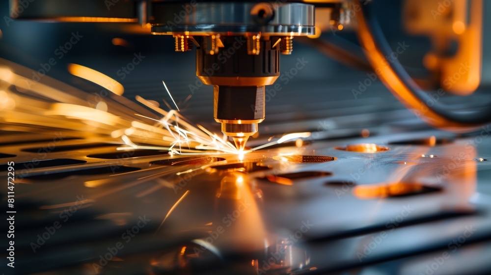 a machine cutting metal with a bright light shining on it's side a machine cutting metal with a bright light shining on it's side