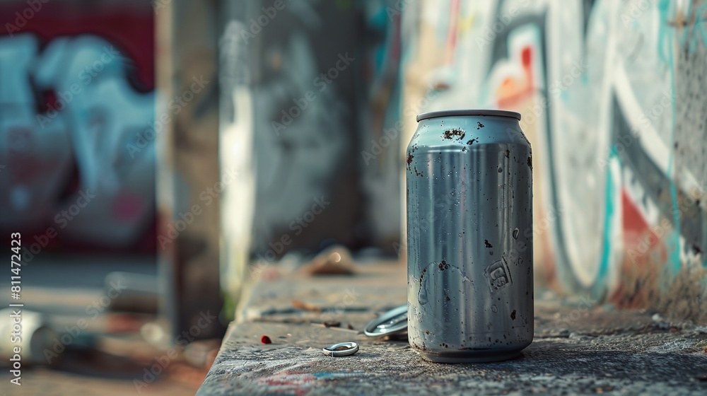 a can of soda sitting on a concrete ledge in front of graffiti covered walls