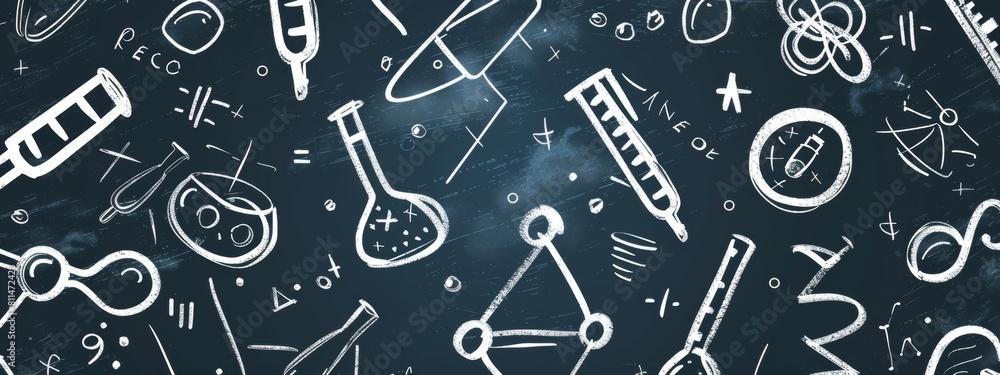 A seamless pattern of white chalk doodles on a blackboard, including science-related icons like test tubes and microscopes. A diagonal background with math equations in the style of micro Phase. A seamless pattern of white chalk doodles on a blackboard, including science-related icons like test tubes and microscopes. A diagonal background with math equations in the style of micro Phase.