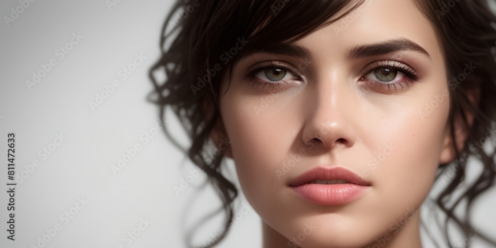 a woman with a pink lip with a gray background a woman with a pink lip with a gray background