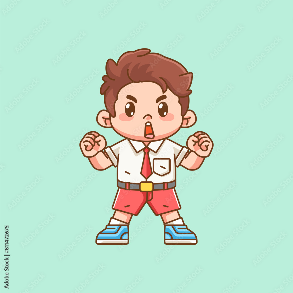 Cute boy Indonesian student elementary school cheer shout kawaii chibi character mascot illustration Cute boy Indonesian student elementary school cheer shout kawaii chibi character mascot illustration