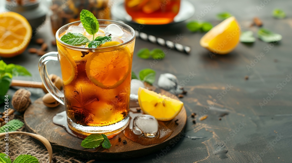 a glass of tea with mint and lemon slices on a wooden tray a glass of tea with mint and lemon slices on a wooden tray