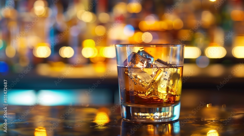a glass of drink with ice on a bar counter top with blurred lights in the background a glass of drink with ice on a bar counter top with blurred lights in the background