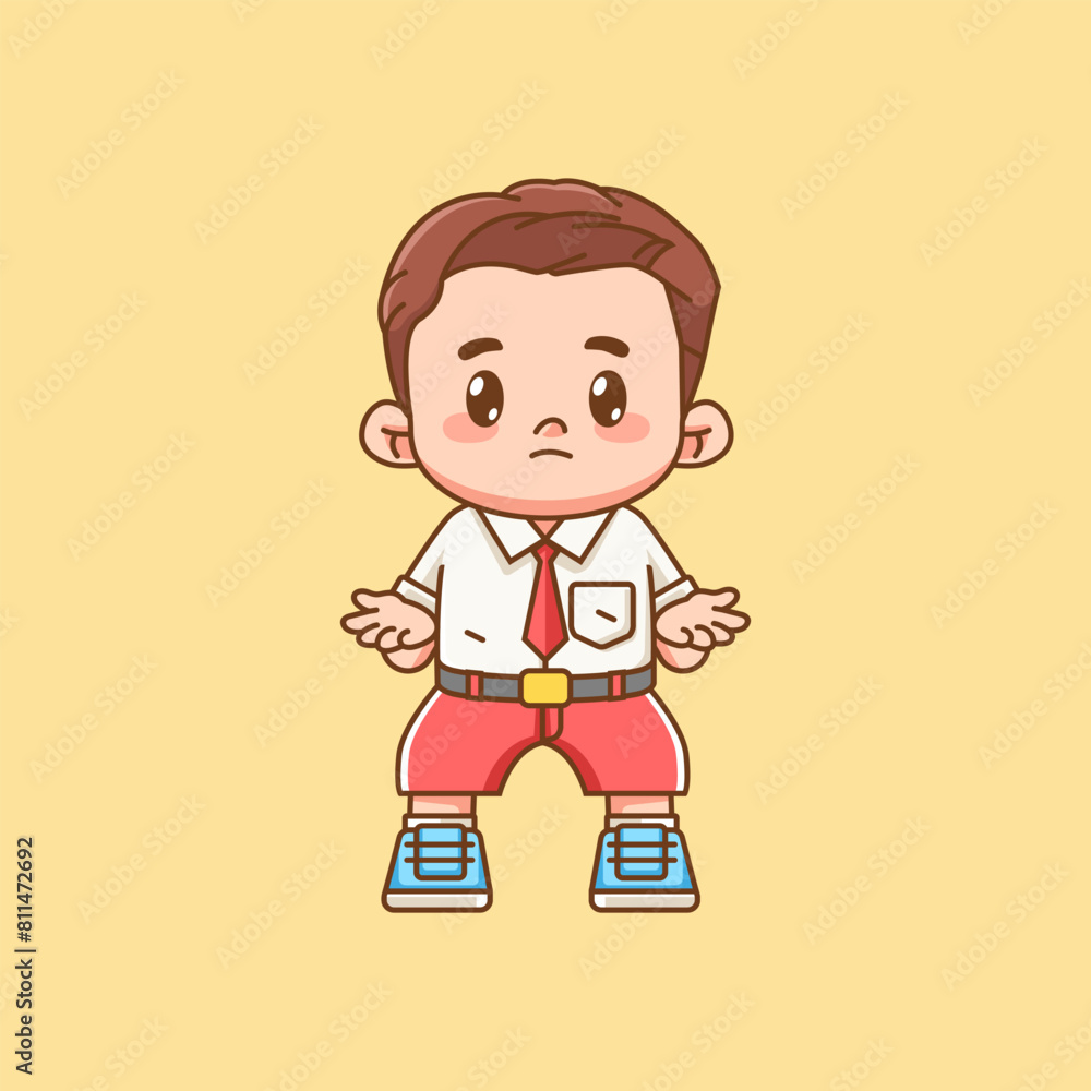 Cute boy Indonesian student elementary school confused kawaii chibi character mascot illustration Cute boy Indonesian student elementary school confused kawaii chibi character mascot illustration