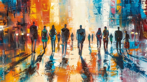 a painting of people walking down a street © progressman