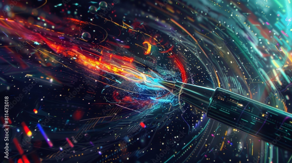 A captivating representation of artificial intelligence in graphic design and illustration, featuring a digital pen amidst swirling lines of code and color