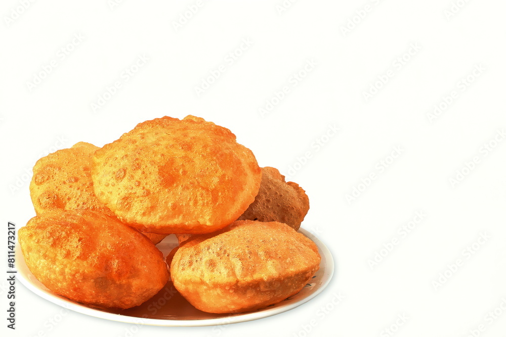 traditional indian gujarati food deep fried bread puri or Poori,methi masala puri,jira mitha puri,rava puri,roti chapati, white background,top view,copy space traditional indian gujarati food deep fried bread puri or Poori,methi masala puri,jira mitha puri,rava puri,roti chapati, white background,top view,copy space