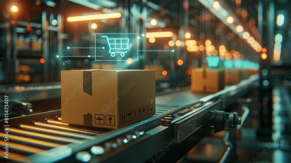 Online Order in Cardboard Box on Conveyor Belt in Warehouse, Enhanced with Blue Holographic E-commerce Symbols, Background of Blurred Moving Boxes in a High-Resolution, Hyper-Realistic Online Shopping Online Order in Cardboard Box on Conveyor Belt in Warehouse, Enhanced with Blue Holographic E-commerce Symbols, Background of Blurred Moving Boxes in a High-Resolution, Hyper-Realistic Online Shopping