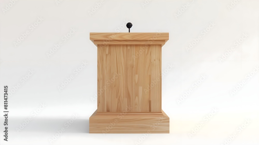 A wooden speech lectern podium with a microphone on an isolated white studio background A wooden speech lectern podium with a microphone on an isolated white studio background