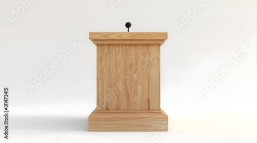  A wooden speech lectern podium with a microphone on an isolated white studio background