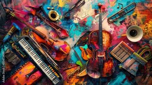 A captivating visual representation of World Music Day with a colorful array of musical instruments arranged in a dynamic composition against a backdrop of abstract patterns and textures