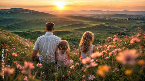 close-up back of Father and daughter shared a quiet moment, lost in the beautiful landscape on the hill full up wild flowers of the amazing sunset. Father's Day