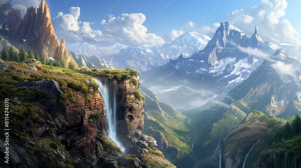 This fantasy landscape offers a majestic panorama that stirs the imagination. Generative Ai