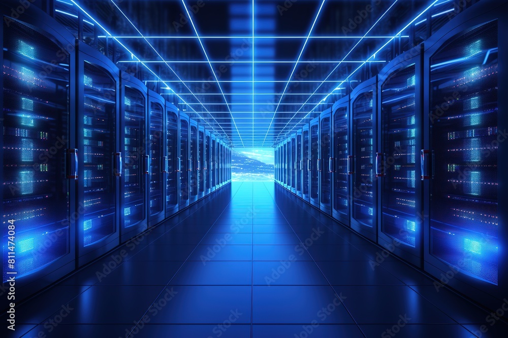 Servers data center room with glowing blue light Created Servers data center room with glowing blue light Created