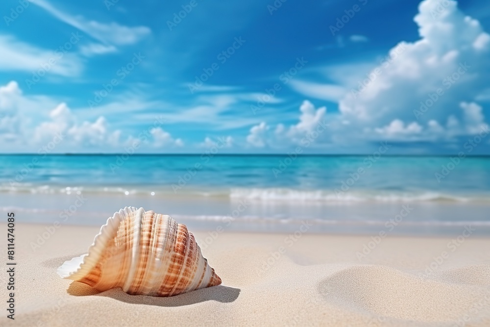 Seashell Resting on Sandy Beach with Azure Sky and Sea Background Seashell Resting on Sandy Beach with Azure Sky and Sea Background