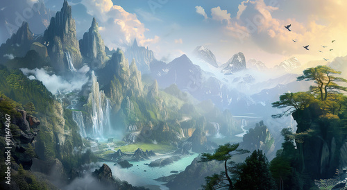 This fantasy landscape offers a majestic panorama that stirs the imagination. Generative Ai