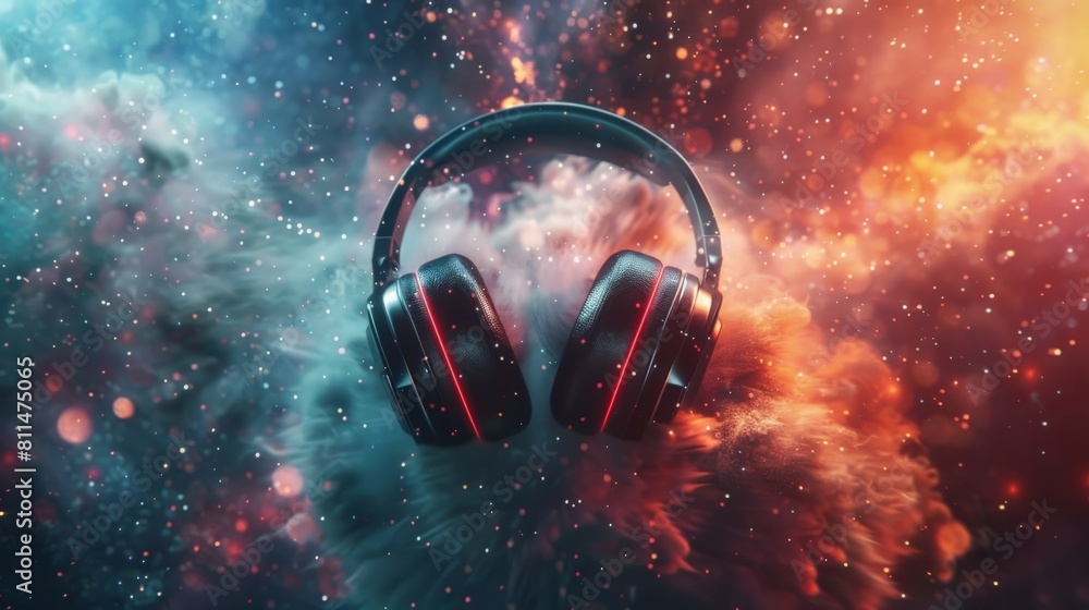 A dynamic and energetic design for World Music Day festivities, showcasing a pair of modern headphones against a backdrop of swirling, A dynamic and energetic design for World Music Day festivities, showcasing a pair of modern headphones against a backdrop of swirling,