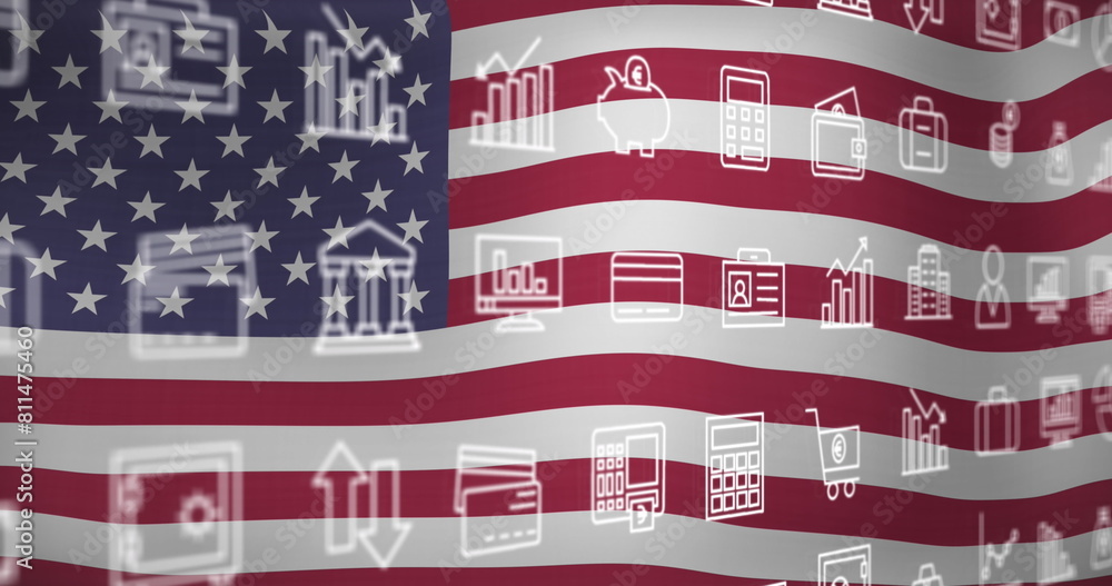 Fototapeta premium Image of interface with multiple digital icons against waving usa flag background