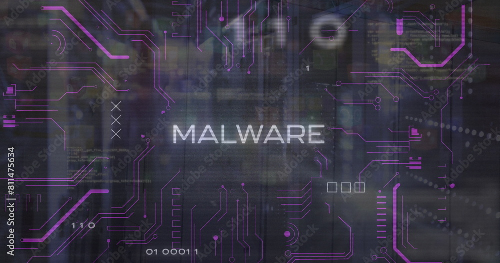 Image of malware, binary codes, computer language, binary codes over server room Image of malware, binary codes, computer language, binary codes over server room
