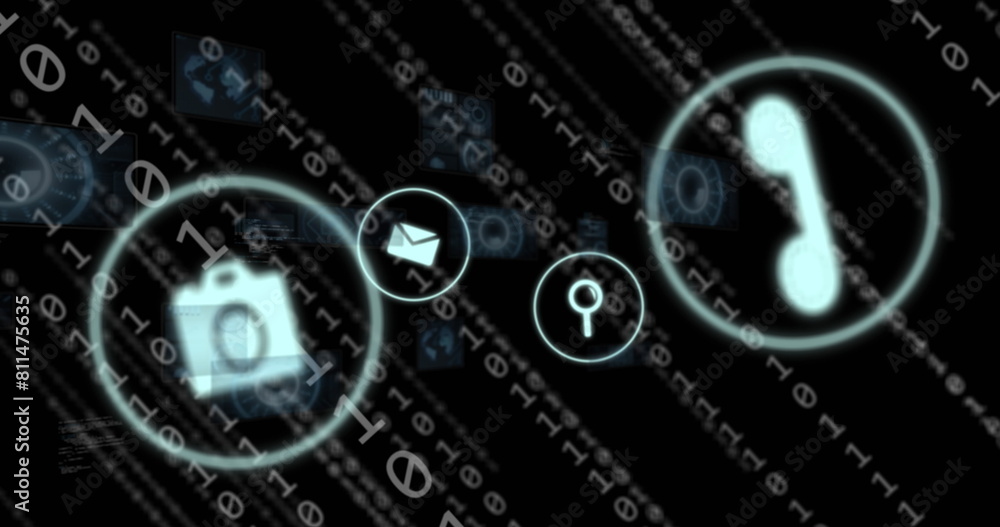 Obraz premium Image of icons, binary codes, radars, globes and computer language over black background