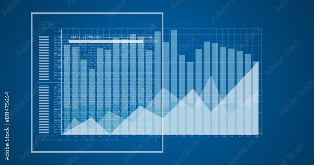 Image of loading bar with changing numbers, graphs, data over blue background Image of loading bar with changing numbers, graphs, data over blue background