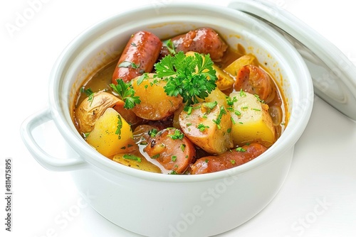 Coddle (sausage and potato stew), isolated on white