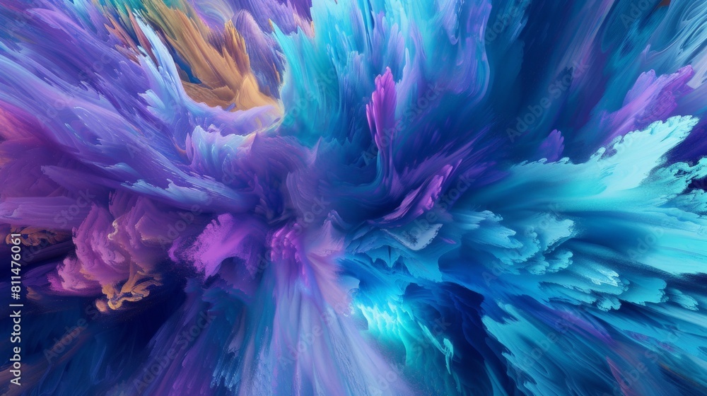 A dynamic explosion of color fills the frame as bold strokes of blue, purple, and turquoise swirl and twist in a mesmerizing dance of movement and energy A dynamic explosion of color fills the frame as bold strokes of blue, purple, and turquoise swirl and twist in a mesmerizing dance of movement and energy