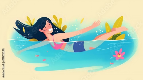 Joyful woman swimming with splashes and ripples