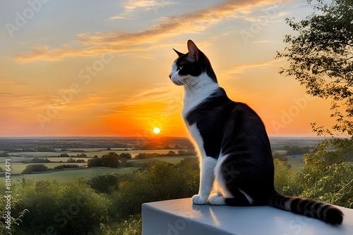 The combination of the warm shades of the sunset and the elegant appearance of the cat is amazing, korea, hyperrealistic, and photorealism, ai, generative, 석양 고양이, 夕日の猫です