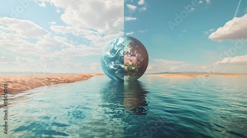  Half globe immersed in water on one side and arid desert on the other, prompting reflection on the unequal distribution of resources and the imperative for global action to address water scarcity. photo
