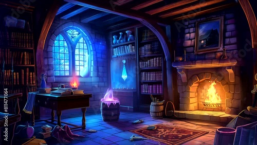 Animated background of witch room, medieval fantasy. looping time-lapse video