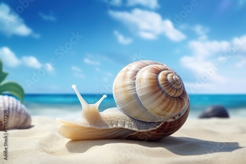 Sea Snail Banner Waving Over Tropical Sandy Beach and Blue Sky photo