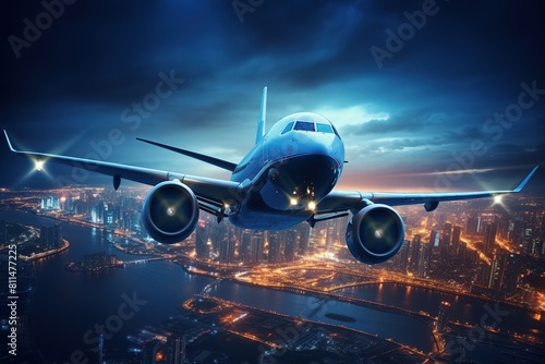 Plane Flying Amidst Glowing City Lights at Night