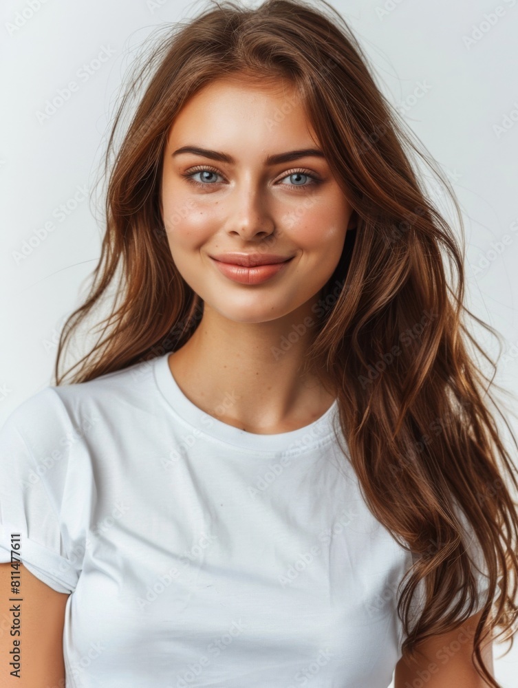 Woman wearing white tshirt mockup created with generative AI Woman wearing white tshirt mockup created with generative AI