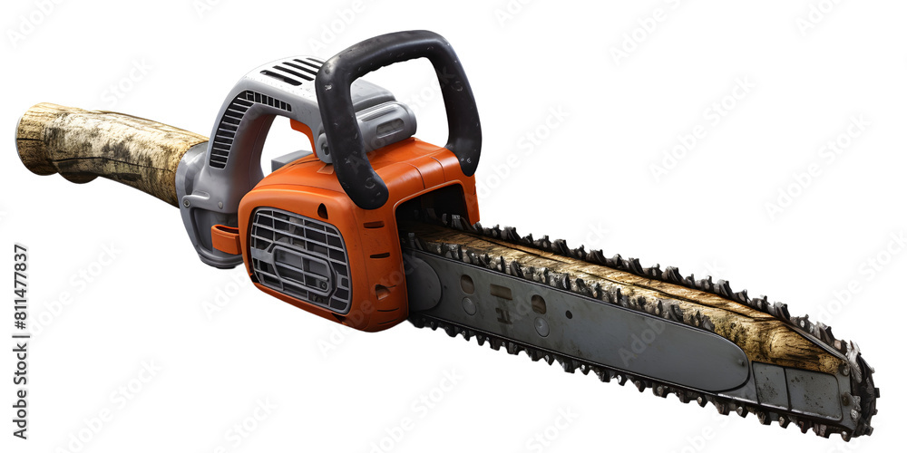closeup of chainsaw isolated on transparent background