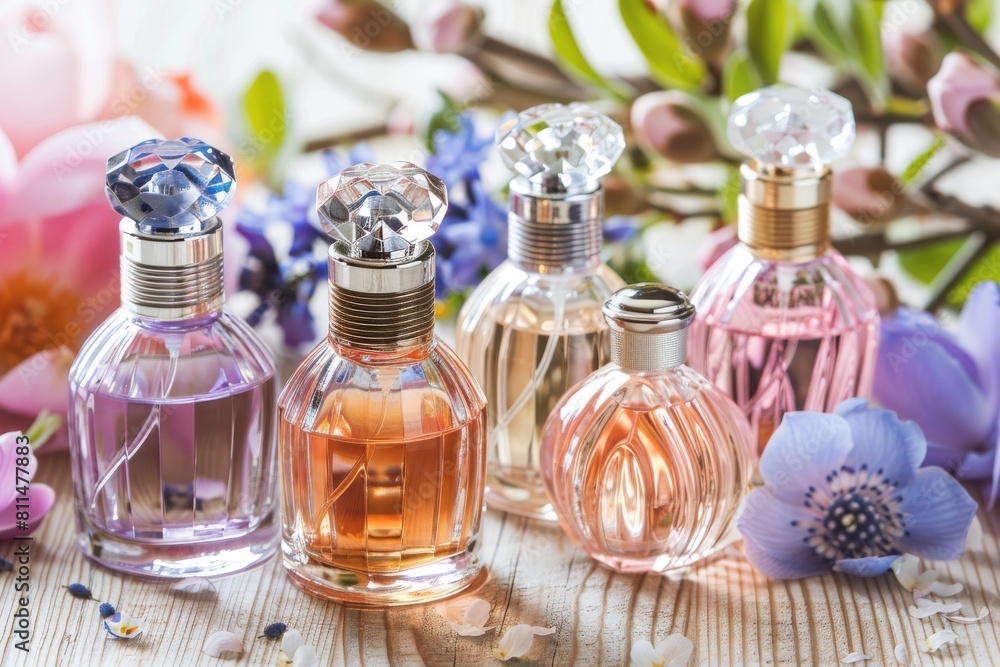 Seasonal fragrance oils captured in a studio shot, the perfume's premium scent highlighted by the glass's aesthetic appeal Seasonal fragrance oils captured in a studio shot, the perfume's premium scent highlighted by the glass's aesthetic appeal