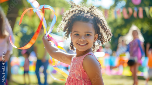 A joyful little girl is playing with ribbons in the park, surrounded by other children and parents at an outdoor event