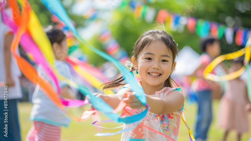A joyful little girl is playing with ribbons in the park  surrounded by other children and parents at an outdoor event