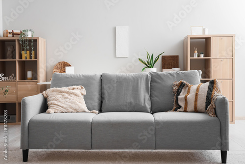 Grey sofa with stylish cushions in modern living room interior