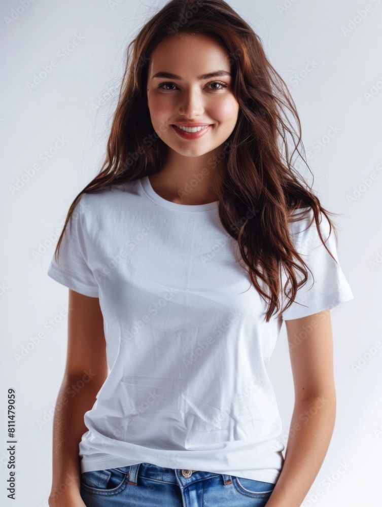 Woman wearing white tshirt mockup created with generative AI Woman wearing white tshirt mockup created with generative AI