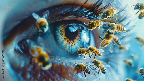 A mesmerizing artwork showcasing the intricate dance of bees around a visionary eye, set against a backdrop of tranquil blue tones that inspire reflection and contemplation