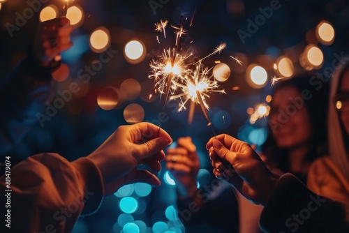 Close-up of hands holding sparklers at night, with colorful bokeh lights in the background. 4th of July, american independence day, happy independence day of america , memorial day concept photo