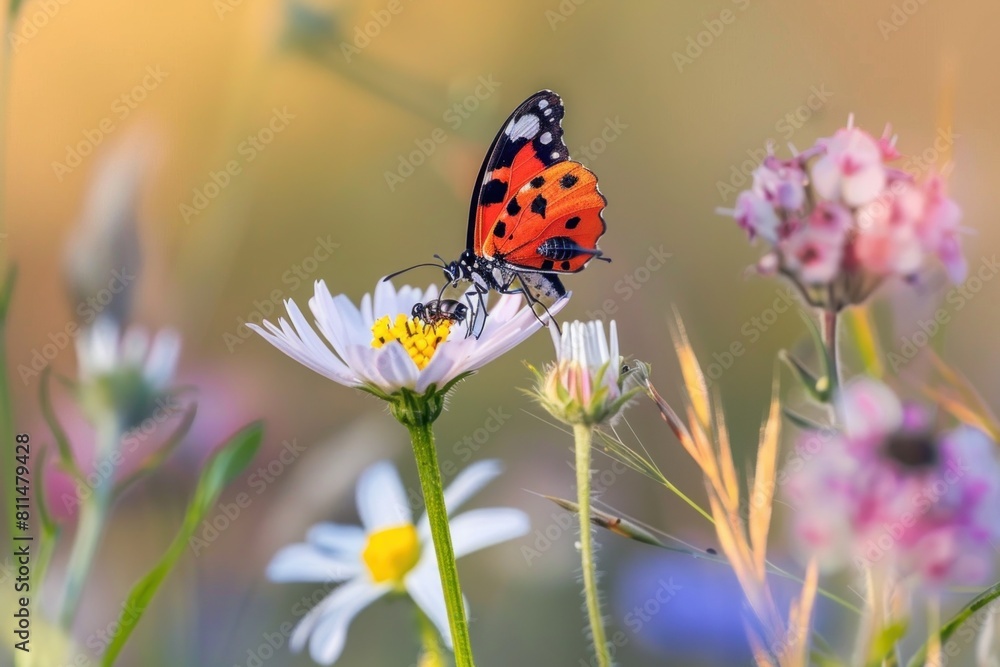 A vibrant orange and black butterfly perched on a white daisy in a colorful meadow. International Day for Biological Diversity