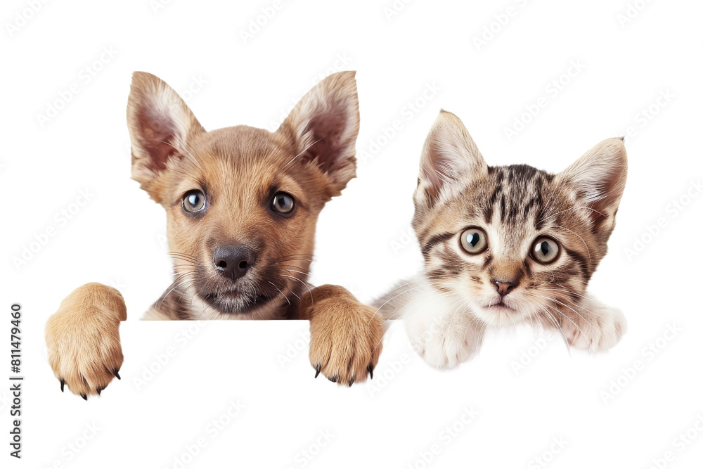 Cute baby puppy and kitten hanging or peeking over web banner