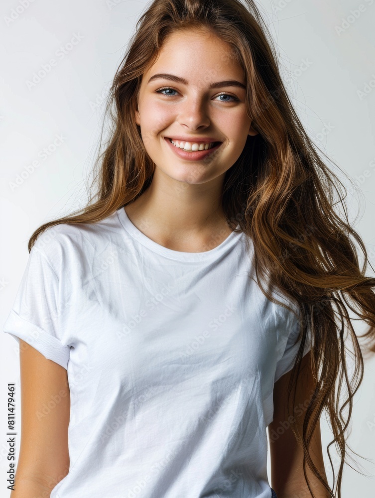 Woman wearing white tshirt mockup created with generative AI Woman wearing white tshirt mockup created with generative AI