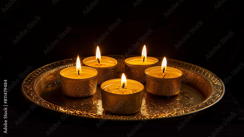 Traditional Diwali Diya Lamps on Ornate Tray Traditional Diwali Diya Lamps on Ornate Tray